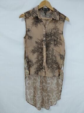 Winter Kate Silk Sleeveless Top Graphic Print Collared Midi Size S